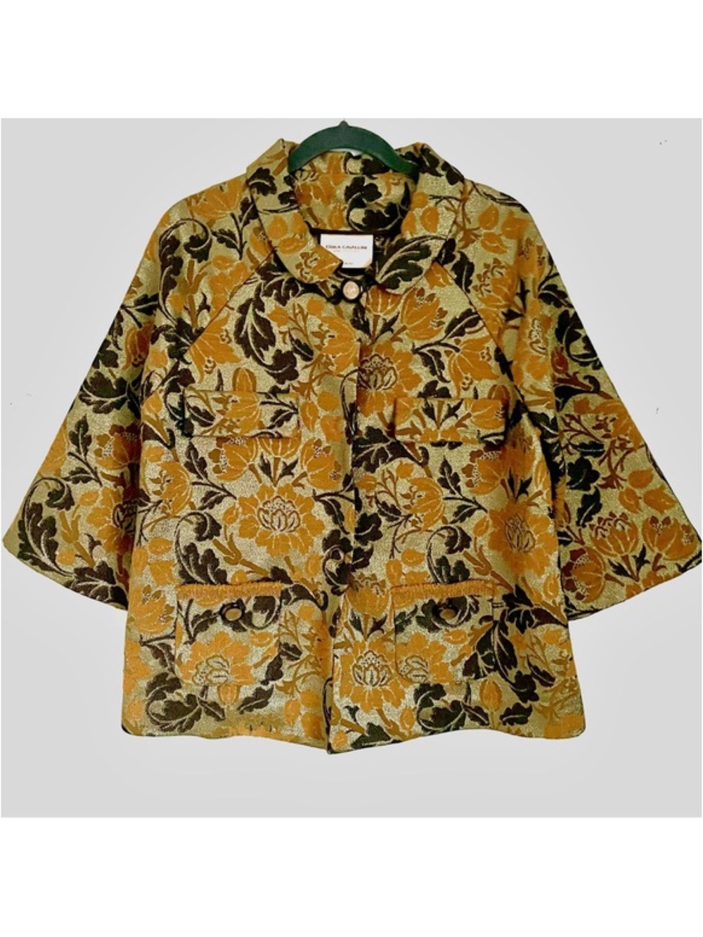 Erika Cavallini Gold Floral Metallic Jacquard Wool Blend Blazer Jacket 6 EUC